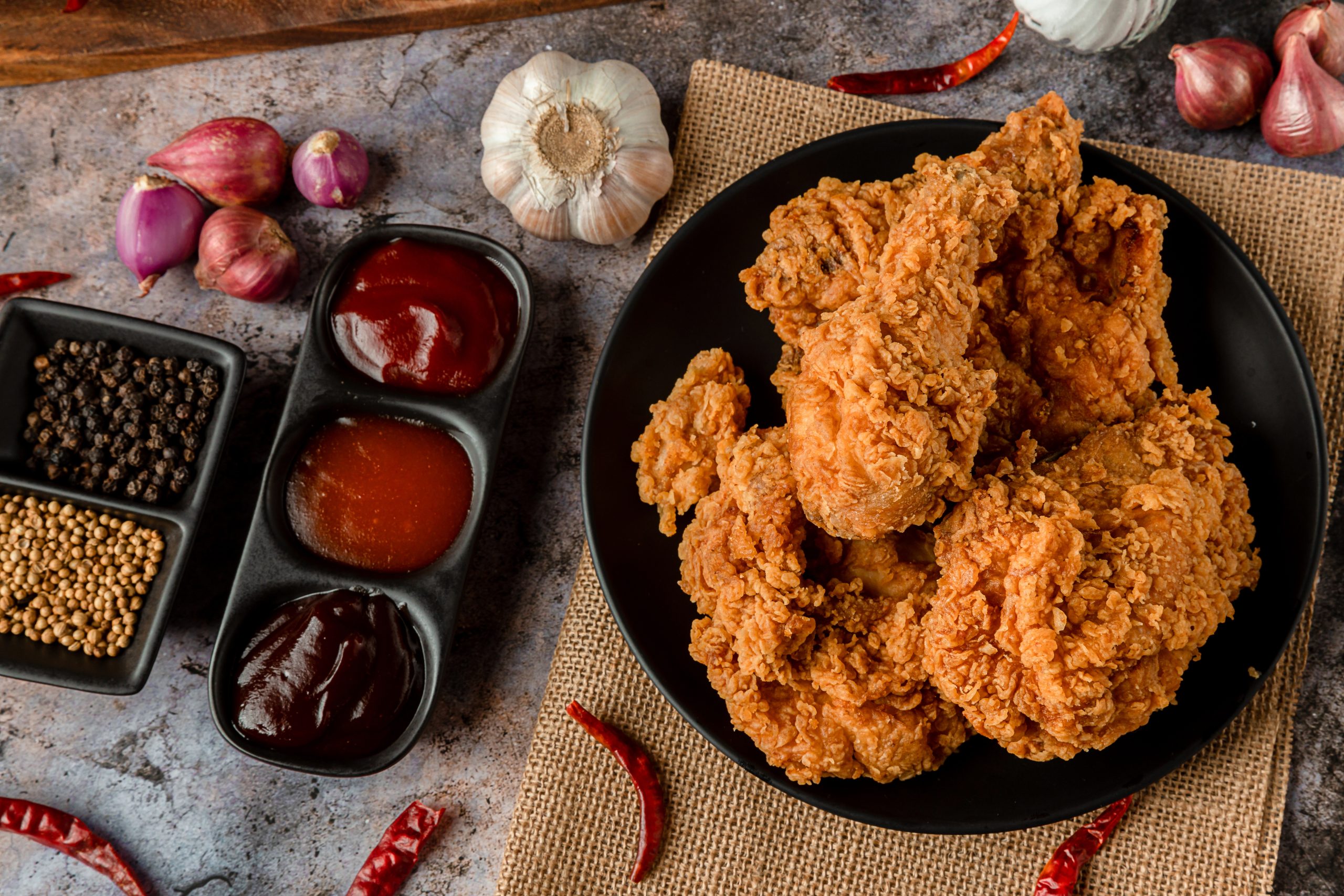 Crispy,Fried,Chicken,Plate.,Delicious,Homemade,Crispy,Fried,Chicken.,Crunchy Fired chicken with sauces